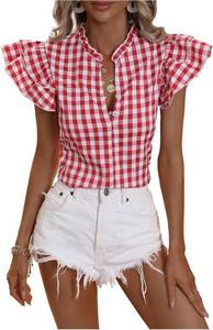 lot 17767 image: Milumia Womens Casual Plaid Frill V Neck Half Button Layered Flutter Sleeve Blouse Size Large