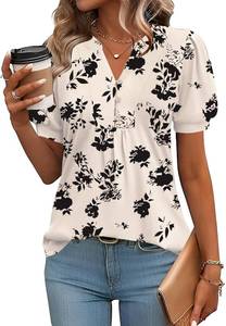 lot 17770 image: IECCP Womens Tops Puff Short Sleeve Shirts Dressy Casual Henley V-Neck Summer Tops Pleated T-Shirts Loose Fit Tunic Blouses Size XL