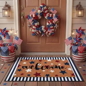 lot 17773 image: Tinideya 2 Pcs Door Mat Welcome Non Slip Coir Mats Floor Layering Doormats Seasonal for Front Porch Entryway Decor(Patriotic)