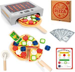 lot 17776 image: WOODMAM Pizza Toy Set, Montessori Realistic Play Food with Oven Box, Educational Learning Toys for Preschoolers Toddlers Age 3 4 5 6, Christmas Birthday Gift for Kids