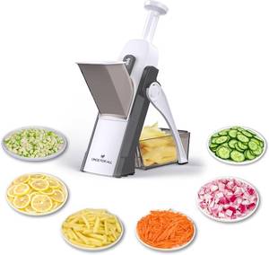 lot 17803 image: ONCE FOR ALL Safe Mandoline Slicer 5 in 1 Vegetable Chopper Food Potato Cutter, Strips Julienne Dicer Adjustable Thickness 0.1-8 mm Kitchen Chopping Artifact Fast Meal Prep (Gray)
