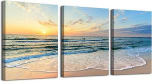 lot 17804 image: daktenn 3 Piece Beach Wall Art Ocean Wall Art Sunrise Sunset Pictures Wall Decor Beach Pictures Wall Art Wave Posters Coastal prints Ocean Wall Decor 12x16x3Panels