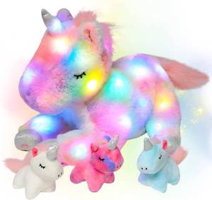 lot 17812 image: Hopearl LED Plush Unicorn Lighting Up Stuffed Mommy Unicorn with 3 Baby Unicorns in her Tummy Stuffed Animal Playset Night Lights Glow in The Dark for Mom Toddler Girls, Rainbow, 19