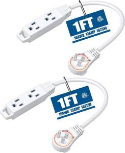 lot 17827 image: DEWENWILS 1FT 360  Rotating Flat Plug Extension Cord, 3 Prong Thin Power Strip, 163C 13A125V1625W, Rotating Plug for Indoor Narrow Space, SJT-3, ETL Listed, White, 2 Pack