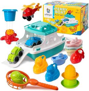 lot 17830 image: Ferry Boat Kids Bath Toy Set   17 Pcs Toddler Pool Toys with Stacking Cups, Toy Ferry Boat, Train, 2 Cars & A Helicopter Addition for Fun Water Play, Toddler Bath Toys for 1 Year Old & Up
