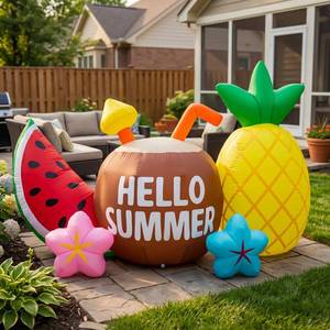 lot 17858 image: 7FT Long Hello Summer Inflatable Outdoor Decoration, Colorful Fruit Blow Up Display with Built-in LED Lights for Hawaiian Beach Party, Yard Lawn Garden Decor