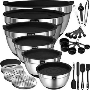 lot 22476 image: Thickened Heavy-Duty 26pcs Stainless Steel Bowl, Mixing Bowl Set with Lid, Grater Attachment, Non-Slip Bottom and Kitchen Gadget Set, Sizes 7, 4, 2.5, 2.0, 1.5, 1QT, Ideal for Mixing and Serving