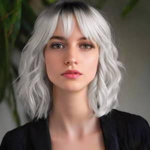 lot 22479 image: MINLEE Silver Gray Wig with Bangs for Women 14 Inch Short Bob Wavy Curly Wig Gray Hair Wigs Heat Resistant Synthetic Wigs
