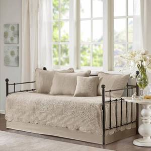 lot 22484 image: Madison Park Daybed Cover Set Damask Quilted Cover for Daybeds, All Season, Pre-Washed Cotton-Filled Coastal Bedding with Scallop Edge, Shams, Bedskirt, D cor Pillows, Tuscany, Daybed Khaki 6 Piece