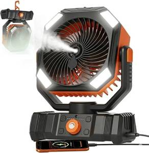 lot 22487 image: USONE Misting Fan, Portable Camping Fan Rechargeable, Battery Powered Fan for Camping with Light, Remote & Timer, Hanging Tent Fan with Hook for Outdoor fishing, Travel, WorkSummer Essential