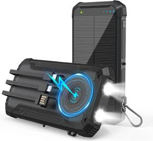 lot 22512 image: Solar Power Bank 20000mAh Wireless Portable Charger Built-in 3 Cables 15W USB-C Fast Charging Black Battery Pack Compatible with iPhone, Samsung, Emergency LED Flashlights Perfect for Camping, Hiking