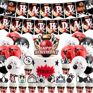 lot 22531 image: Bowling Party Decorations Bowling Birthday Party Supplies Includes Bowling Happy Birthday Banner, Cake Topper, Cupcake Toppers, Balloons for Bowling Themed Party