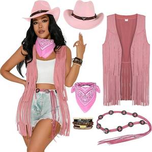 lot 18325 image: GERVAISE Womens Western Cowgirl Costume 70s Hippie Tassels Fringe Vest outfit Hat 5pcs