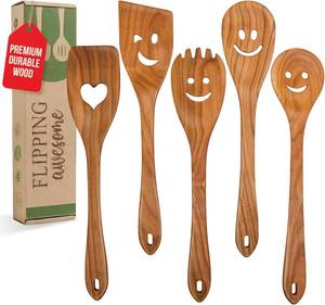 lot 18344 image: MFC 5-Piece Wooden Cooking Spoons - Kitchen Set from Natural Cherry Wood - Wooden Spoons for Cooking - Funny Utensil Set with Smiley Faces - Cooking Multipurpose Wood Utensils
