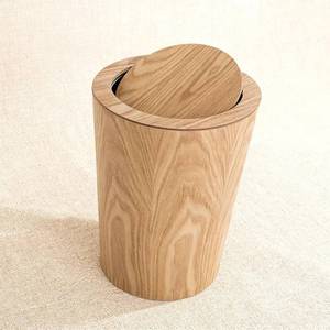lot 18345 image: Kitchen Wood Trash Can Round with Lid, Japanese-Style Swing Lid Garbage Bin for Bathroom, Home Office, Stylish Natural Wooden Recycling Receptacle Conceals Odors and Trash