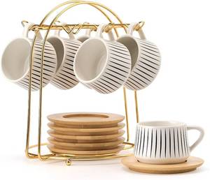 lot 18349 image: LUKA Ceramic Coffee Espresso Cups with Saucers Set with Metal Holder, 4.4 oz Porcelain Demitasse Cups For Tea, Espresso, Latte, Coffee, Cafe Mocha, Set of 6, White