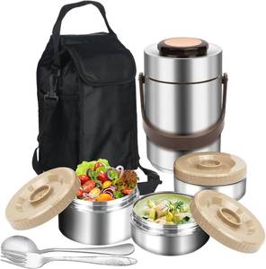 lot 18355 image: SSAWcasa 3-Layer Insulated Lunch Box for Men, Adult Soup Thermos, Leakproof Insulated Hot Food Jar Container, Stainless Steel Thermal Bento Box Lunch Bag Cutlery for Office Worker Trucker Picnic