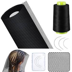 lot 18357 image: 1 Pcs Black Hair Net 19 Inch x 33 ft Stretchy Weaving Net Accessories with 3 Weaving Needles Large Medium Small C Shape Needle 1 Roll Black Thread for Making Wig Sew in Hair Weave Extension