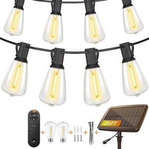 lot 18374 image: BLIATLUS 25FT Solar String Lights Outdoor Waterproof with Remote Control 82 Shatterproof LED ST38 Bulbs for Porch Garden Market Bistro Patio Backyard Fence