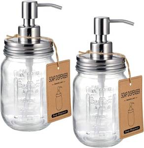 lot 18378 image: Amolliar Mason Jar Liquid Soap Dispenser, Stainless Steel Mason Jar Lid & Pump, Refillable Hand Soap Dispenser, Lotions, Dish Soap Bottle for Kitchen Bathroom, Bathroom Decor, Brushed Nickel 2 Pack