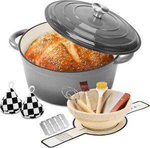 lot 18388 image: Enameled Cast Iron Dutch Oven with Lid -6.5 QT, incl. Sourdough Bread-Baking Supplies like Banneton Proofing Basket, Heavy Duty Cookware Bread-Oven for Baking, Stews, and Roasting, Gray