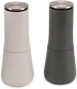lot 18391 image: Joseph Joseph Milltop Non-Spill Salt and Pepper Mill 2-piece Set, Refillable with Ceramic Grinder, Adjustable Grinding Size, WhiteDark Grey