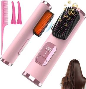 lot 18395 image: Cordless Hair Straightener Brush, Portable 500 Million Ions Smooth Straightening Brush, Rechargeable 4-IN-1 Go Brush, MCH Fast Heating, 5D Dense Bristles, LED Display, Anti-Scald for Women Home Travel