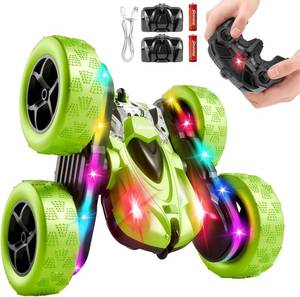 lot 18398 image: Remote Control Car   4WD 360  Flip Double Sided RC Stunt Car LED Light Bar & USB C Modular Battery, Off Road Toys for Boys Ages 6 12, Birthday Gift, Black Green