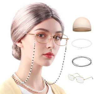 lot 18410 image: Old Lady Wig Costume for Women, 5 PCS Kids 100 Days of School Grandma Wig Costume Halloween Girls Adults Cosplay Accessories Set (Brown Bun)