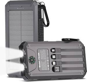 lot 18414 image: Power Bank Solar Charger 20,000mAh, Portable Phone Charger, 4 Cables Outdoor Waterproof External Backup Power Charger with USB-C for Cell Phones, Solar Battery Pack with Dual Flashlight for Camping
