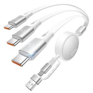 lot 18419 image: CAFELE Retractable Charging Cable, 100W USB C Fast Charger Cable 3 in 1 with 30-130cm Adjustable Length, Multi-Port Cord for Laptop, Phone, Car, Travel - PD3.1QC5.0 White