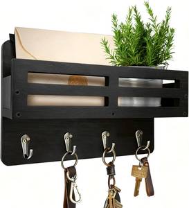lot 18425 image: Key Holder Wall Mount, 10 inch Decorative Key and Mail Holder for Wall, with Mail Organizer & 4 Key Hooks, Rustic Wooden Key Rack for Hanging Dog Leash Sunglasses, Entryway Key Hanger, Black