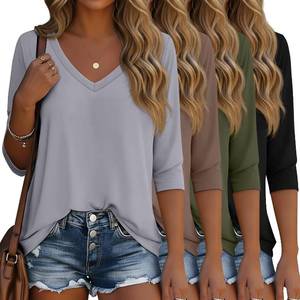 lot 18426 image: Ficerd 4 Pack Womens 34 Sleeve T Shirts, V Neck Casual Tunic Tops Loose Fit Cotton Basic Shirts Solid Color Fashion Tees SIZE XXL