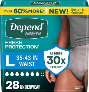 lot 18442 image: Depend Fresh Protection Adult Diapers, Incontinence Underwear for Men, Disposable, Maximum, Large, Grey, 28 Count, Packaging May Vary