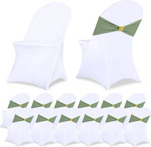 lot 18466 image: Moukeren 24 Pack White Folding Chair Cover Set with 12pcs Stretch Spandex Chair Slipcovers 12pcs Buckle Sashes Bow for Wedding Banquets Parties Events (Sage Green)