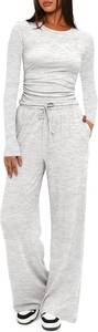 lot 22555 image: Darong Womens 2 Piece Outfits Long Sleeve Lounge Sets Travel Outfits White Grey Size Large