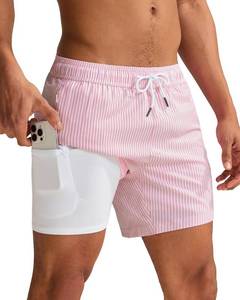 lot 22556 image: maamgic Mens Swim Trunks with Compression Liner 5 Inch, Quick Dry Bathing Suit with Zipper Pockets, No-Chafing Swim Shorts Pink White Stripes Size Large