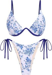 lot 22558 image: ZAFUL Womens Bikini Sets Ribbed Two Piece Swimsuits Underwire Adjustable Back Clasp Bathing Suit Side Tie Thong Swimwear Blue White Floral Size Small
