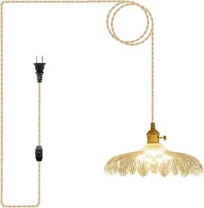 lot 22574 image: Plug in Pendant Light with Water Ripple Effect Thickened High-Transparency Glass Shade 14Ft Adjustable Braided Cord Two Ways Switchs Ambient Hanging Lamp Plug in for Kitchen Island Dining Room