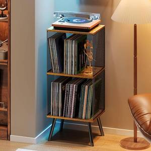 lot 22576 image: X-cosrack 3-Tier Record Player Stand, Turntable Stand with Storage up to 200 Albums, Corner Vinyl Record Holder with Adjustable Divider, Mid-Century Record Table Vinyl Storage for Bedroom Living Room