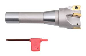 lot 22597 image: Accusize Industrial Tools 2 Diameter by 6-18 Oal 90 Degree R8 Shank Indexable End Mill with 5 Apkt1604 Carbide Inserts, 0028-6906  R8 Shank, 90 Deg, 5 APKT1604 Carbide Inserts, 6-18 in OAL, Drawbar Thread 716-20, Shoulder Milling Cutter
