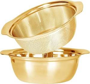 lot 22603 image: Paoli 304 Stainless Steel Fine Mesh Colander Set, 4QT Large Capacity Strainer with Mixing Bowl   Rinse Fruits, Veggies, Rice & Drain Pasta, Dishwasher Safe (2-Piece Gold)