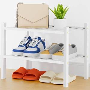 lot 22607 image: Smiry Small Bamboo Shoe Rack, 2 Tier Free Standing Wooden Shoe Organizer, Stackable Wood Shoe Storage Shelf for Closet, Entryway, 14 Vertical Slats, One-piece Heavy-Duty Legs, 17.3x11x13, White