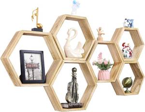 lot 22609 image: NOVIMANGO Hexagonal Floating Shelves Wall Mounted Set of 6 Wooden Hexagon Shelves Farmhouse Storage Honeycomb Shelves Hexagon Hanging Shelves Rustic Geometric Shelf for Nursery Bedroom Living Room