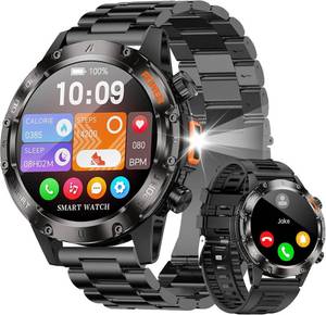 lot 22618 image: Smart Watches for Men,Military Rugged Men Smartwatch, Stainless Steel Body, IP68 Waterproof, 30-Day Long Standby, AnswerMake Call, 1.43 HD Screen, Compatible for Android iOS(2 Bands)