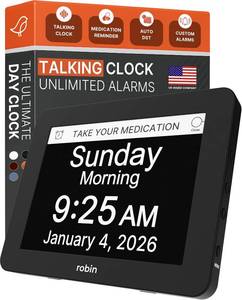 lot 22647 image: Robin Day Clock 2026 for Seniors, 8 Large Digital Calendar Dementia Clock with Talking Function, Alarms, Easy-to-Read Display for Elderly, Day Date Time, Medication Reminder, DST, Black