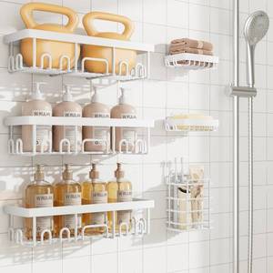 lot 22648 image: Veken 6-Pack Rustproof&Waterproof Shower Caddy, Adhesive Shelves Rack with Soap Holder, Large Bathroom & Washroom Organizer, No Drilling Wall-Mounted Kitchen&Home Decor,Ideal for Bathtub Storage,White