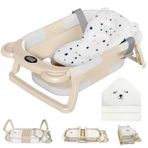 lot 22687 image: MoreFeel Collapsible Baby Bathtub for Newborn with Thermometer & 1 Hooded Towel & 1 Soft Floating Cushion,Portable Travel Bathtub with Drain Hole, Durable Foldable Baby Tubs for Infants to Toddler