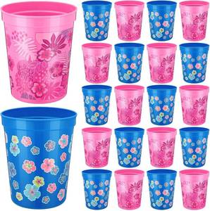 lot 22699 image: Qinyoung 24 Pcs Cartoon Party Decoration Cups 16oz Reusable Plastic Cups Cartoon Themed Birthday Party Favor Tumblers Bulk for Smoothie Juice Ice Coffee, Blue, Pink