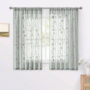 lot 22716 image: HOMEIDEAS Sage Green Sheer Kitchen Curtains 52 x 54 Inch Length 2 Panels Embroidered Wave Line with Spiral Pattern Short Curtains for Bedroom HalfSmall Bathroom Window Rod Pocket Tiers